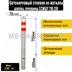 Бетонируемый столбик из металла (загл шляпка, проушины) БСМШУ750 - Дорожное оборудование с доставкой по всей РФ